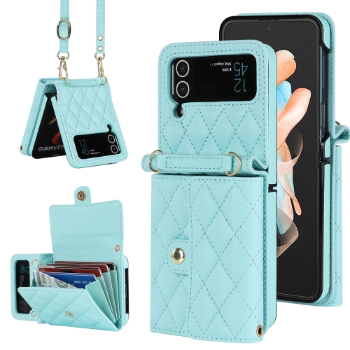 

For Samsung Galaxy Z Flip3 Rhombic Texture Card Bag PU Phone Case with Long Lanyard(Mint Green)