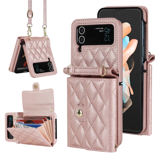

For Samsung Galaxy Z Flip3 Rhombic Texture Card Bag PU Phone Case with Long Lanyard(Rose Gold)
