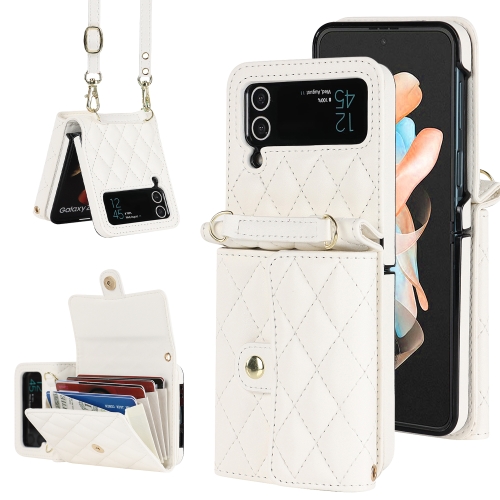 

For Samsung Galaxy Z Flip3 Rhombic Texture Card Bag PU Phone Case with Long Lanyard(White)