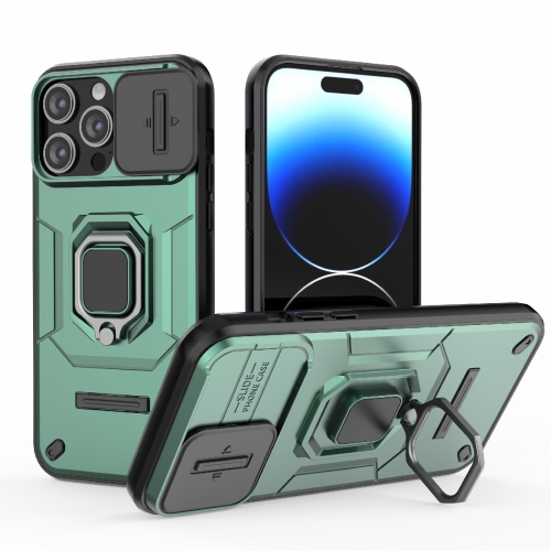 

For iPhone 14 Pro Max Sliding Camshield TPU + PC Shockproof Phone Case with Holder(Green)