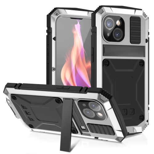 

For iPhone 15 R-JUST Shockproof Life Waterproof Dust-proof Metal + Silicone Phone Case with Holder(Silver)
