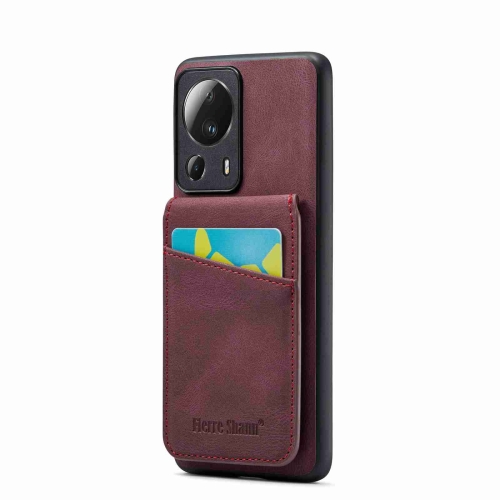 

For Xiaomi 13 Lite Fierre Shann Crazy Horse Card Holder Back Cover PU Phone Case(Wine Red)
