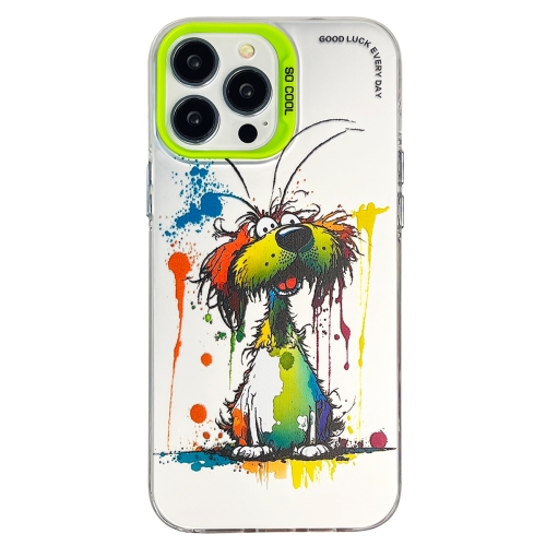 

For iPhone 14 Pro Max Double Layer Color Silver Series Animal Oil Painting Phone Case(Green Dog)
