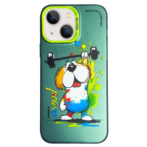 

For iPhone 13 Double Layer Color Silver Series Animal Oil Painting Phone Case(Weightlifting Dog)