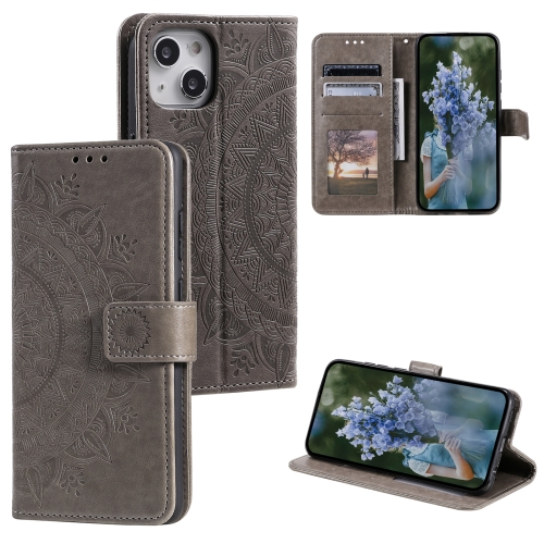 

For iPhone 15 Plus Totem Flower Embossed Leather Phone Case(Grey)