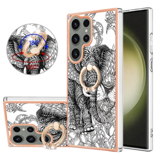 

For Samsung Galaxy S23 Ultra 5G Electroplating Dual-side IMD Phone Case with Ring Holder(Totem Elephant)