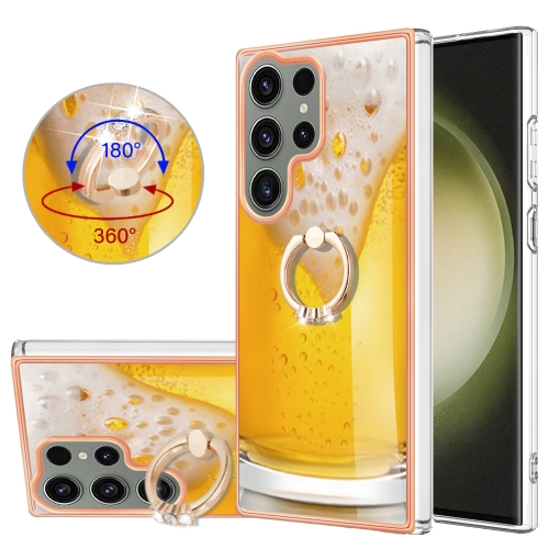 

For Samsung Galaxy S23 Ultra 5G Electroplating Dual-side IMD Phone Case with Ring Holder(Draft Beer)