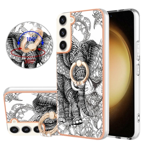 

For Samsung Galaxy S23+ 5G Electroplating Dual-side IMD Phone Case with Ring Holder(Totem Elephant)