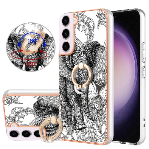

For Samsung Galaxy S23 5G Electroplating Dual-side IMD Phone Case with Ring Holder(Totem Elephant)