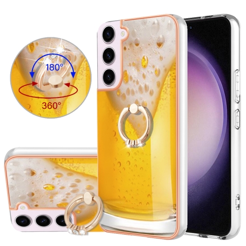 

For Samsung Galaxy S23 5G Electroplating Dual-side IMD Phone Case with Ring Holder(Draft Beer)