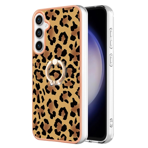 

For Samsung Galaxy S23 FE 5G Electroplating Dual-side IMD Phone Case with Ring Holder(Leopard Print)