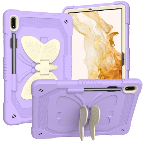 

For Samsung Galaxy Tab S9+ Butterfly Kickstand Heavy Duty Hard Rugged Tablet Case(Beige+Raro Purple)