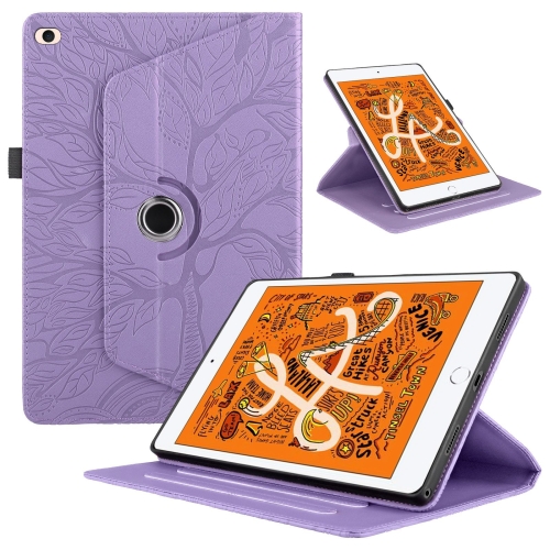 

For iPad mini 5 / mini 4 / mini 3 Tree Life Embossed Rotation Leather Smart Tablet Case(Purple)