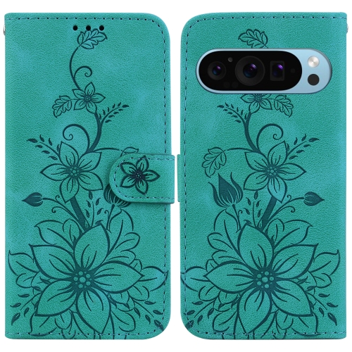 

For Google Pixel 9 Pro Lily Embossed Leather Phone Case(Green)
