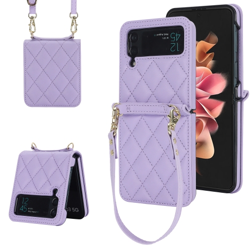 

For Samsung Galaxy Z Flip4 Rhombic Texture Phone Case with Long & Short Lanyard(Light Purple)