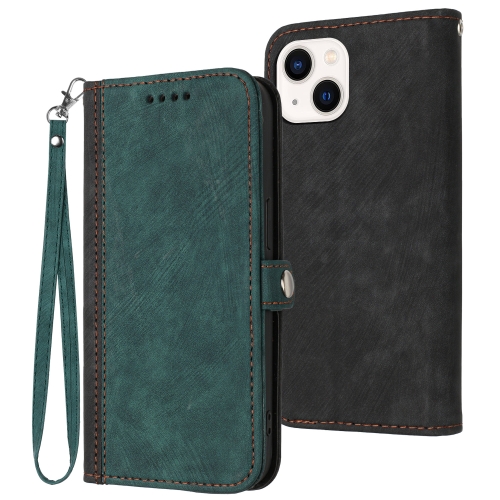 

For iPhone 15 Side Buckle Double Fold Hand Strap Leather Phone Case(Dark Green)