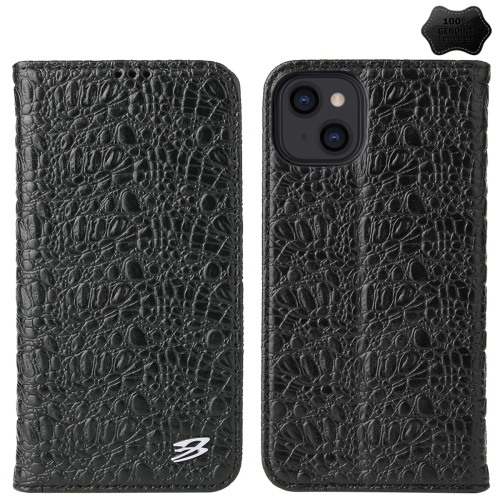 

For iPhone 14 Plus Fierre Shann Crocodile Texture Magnetic Genuine Leather Phone Case(Black)