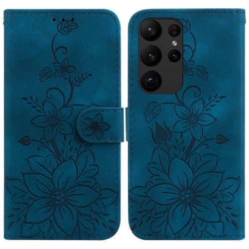 

For Samsung Galaxy S23 Ultra 5G Lily Embossed Leather Phone Case(Dark Blue)