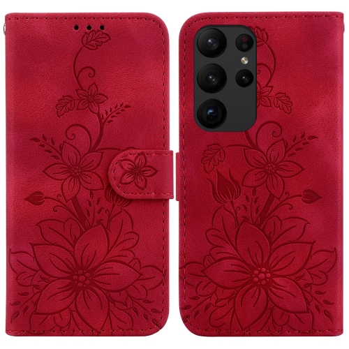 

For Samsung Galaxy S23 Ultra 5G Lily Embossed Leather Phone Case(Red)
