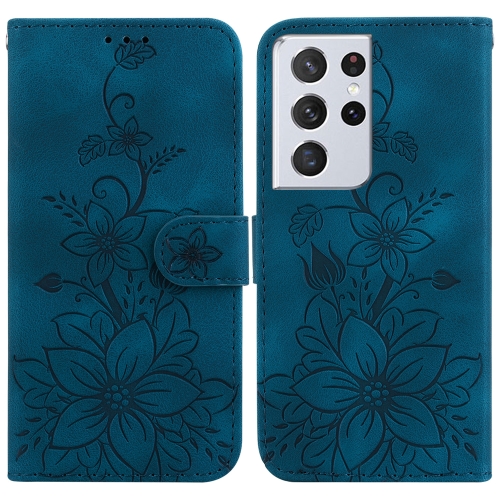 

For Samsung Galaxy S21 Ultra 5G Lily Embossed Leather Phone Case(Dark Blue)