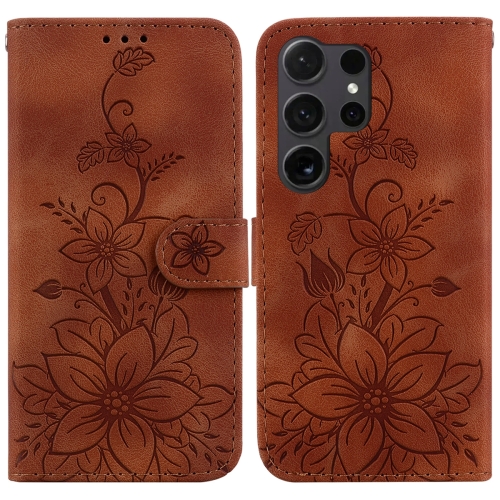 

For Samsung Galaxy S24 Ultra 5G Lily Embossed Leather Phone Case(Brown)