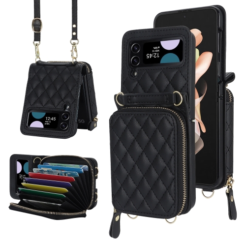 

For Samsung Galaxy Z Flip4 Rhombic Texture Card Bag Phone Case with Dual Lanyard(Black)