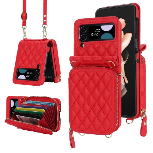 

For Samsung Galaxy Z Flip4 Rhombic Texture Card Bag Phone Case with Dual Lanyard(Red)