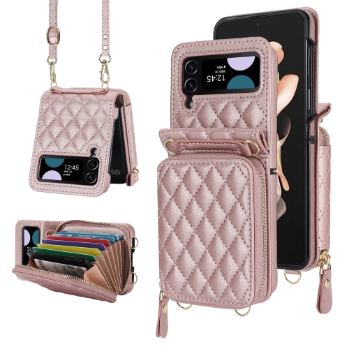 

For Samsung Galaxy Z Flip4 Rhombic Texture Card Bag Phone Case with Dual Lanyard(Rose Gold)
