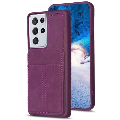 

For Samsung Galaxy S21 Ultra 5G BF28 Frosted Card Bag Phone Case with Holder(Dark Purple)