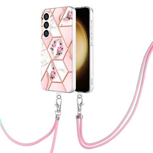 

For Samsung Galaxy S24 5G Electroplating Splicing Marble Flower IMD TPU Phone Case with Lanyard(Pink Flower)