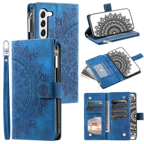 

For Samsung Galaxy S23 5G Multi-Card Totem Zipper Leather Phone Case(Blue)