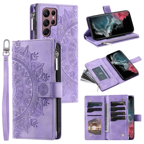 

For Samsung Galaxy S22 Ultra 5G Multi-Card Totem Zipper Leather Phone Case(Purple)