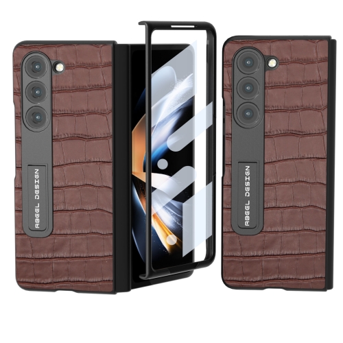 

For Samsung Galaxy Z Fold5 ABEEL Integrated Crocodile Texture Genuine Leather Phone Case with Holder(Brown)