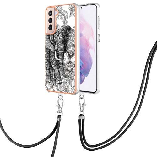 

For Samsung Galaxy S21+ 5G Electroplating Dual-side IMD Phone Case with Lanyard(Totem Elephant)