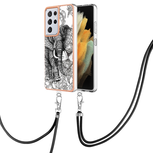 

For Samsung Galaxy S21 Ultra 5G Electroplating Dual-side IMD Phone Case with Lanyard(Totem Elephant)
