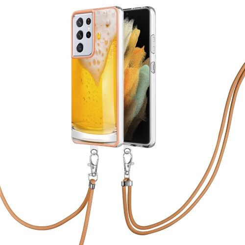 

For Samsung Galaxy S21 Ultra 5G Electroplating Dual-side IMD Phone Case with Lanyard(Draft Beer)