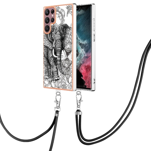 

For Samsung Galaxy S22 Ultra 5G Electroplating Dual-side IMD Phone Case with Lanyard(Totem Elephant)