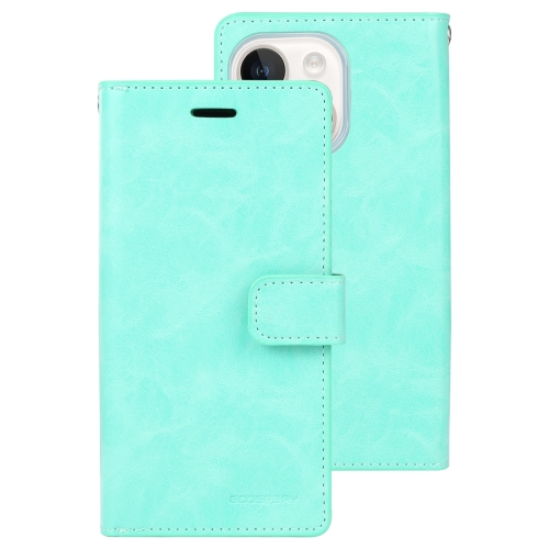 

For iPhone 15 GOOSPERY MANSOOR DIARY 9 Card Slots Leather Phone Case(Mint Green)
