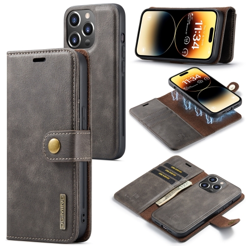 

For iPhone 15 Pro DG.MING Crazy Horse Texture Detachable Magnetic Leather Phone Case(Grey)
