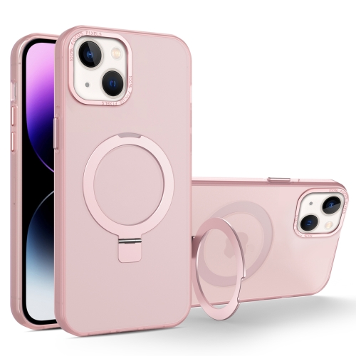 

For iPhone 15 Plus MagSafe Metal Holder Frosted Translucent Phone Case(Pink)