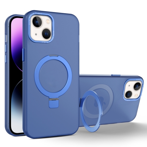 

For iPhone 14 Plus MagSafe Metal Holder Frosted Translucent Phone Case(Royal Blue)