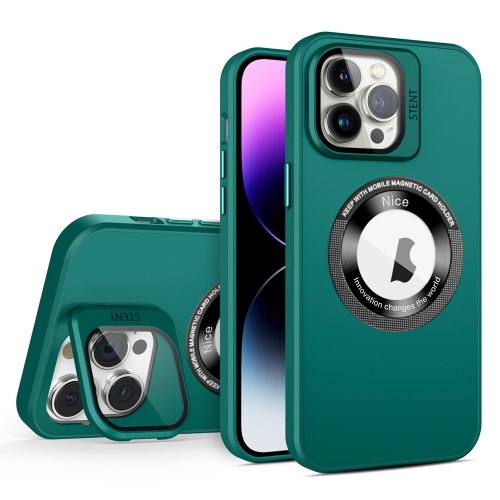 

For iPhone 14 Pro Skin Feel Magnifier MagSafe Lens Holder Phone Case(Dark Green)