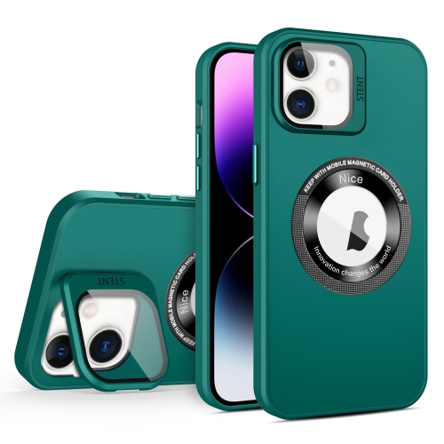 

For iPhone 12 Skin Feel Magnifier MagSafe Lens Holder Phone Case(Dark Green)