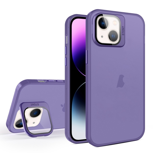 

For iPhone 15 Skin Feel Lens Holder Translucent Phone Case(Dark Purple)