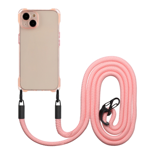 

For iPhone 15 Plus Four-corner Shockproof TPU Phone Case with Lanyard(Pink)