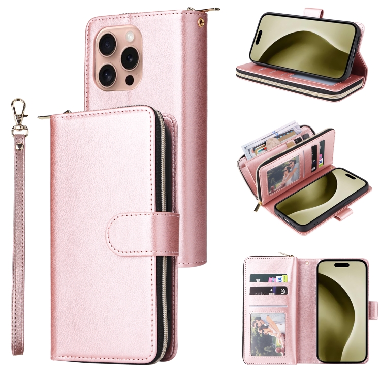 For iPhone 16 Pro 9 Card Slots Zipper Wallet Bag Leather Phone Case(Rose Gold)
For iPhone 16 Pro 9 Card Slots Zipper Wallet Bag Leather Phone Case(Rose Gold)
