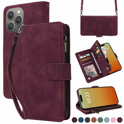 

For iPhone 15 Pro Crossbody Multi-card Slot Wallet Zipper Leather Phone Case(Wine Red)