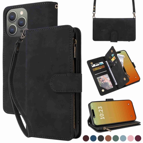

For iPhone 15 Pro Crossbody Multi-card Slot Wallet Zipper Leather Phone Case(Black)