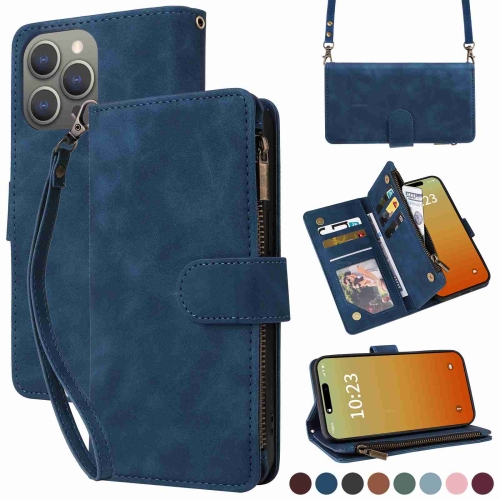 

For iPhone 15 Pro Crossbody Multi-card Slot Wallet Zipper Leather Phone Case(Dark Blue)