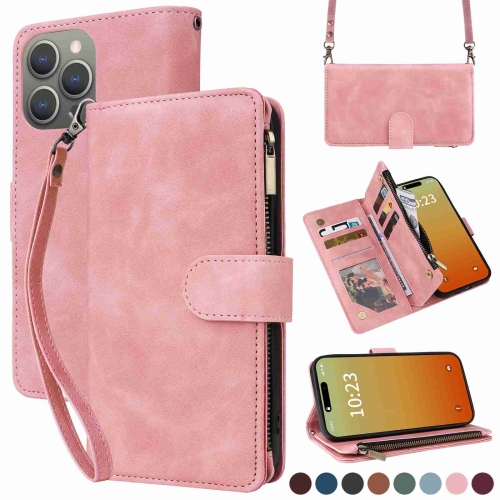 

For iPhone 15 Pro Crossbody Multi-card Slot Wallet Zipper Leather Phone Case(Pink)